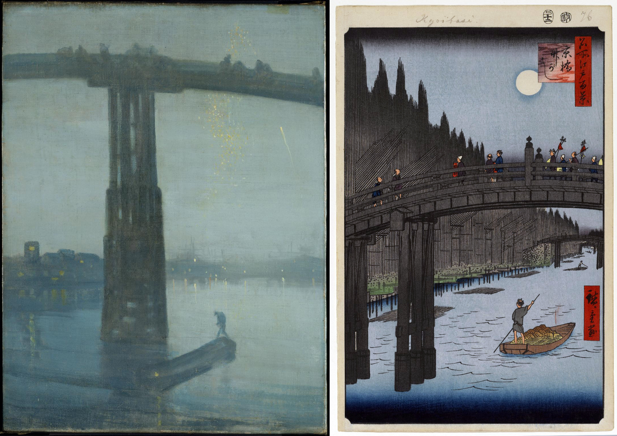 Left: James McNeill Whistler, Nocturne: Blue and Gold – Old Battersea Bridge, 1872-5, oil on canvas, 68.3 x 51.2 cm (Tate Britain, London); Right: Utagawa Hiroshige, Bamboo Yards, Kyobashi Bridge from One Hundred Views of Edo, 1857, woodblock print, 36 x 23.5 cm (Brooklyn Museum)