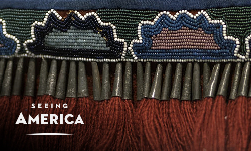 Thumbnail Shoulder Bag, 1840-1850, Delaware, Lenni Lenape, cotton, wool, silk, glass beads, tinned iron, brass, bone, 29 1/2 inches high