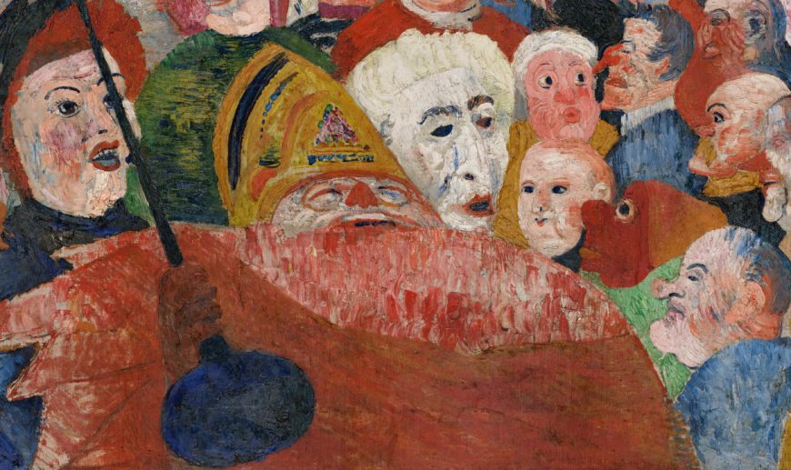 James Ensor, Christ’s Entry into Brussels in 1889, detail, 1888, oil on canvas, 99 1/2 x 169 1/2 inches (J. Paul Getty Museum, Los Angeles)