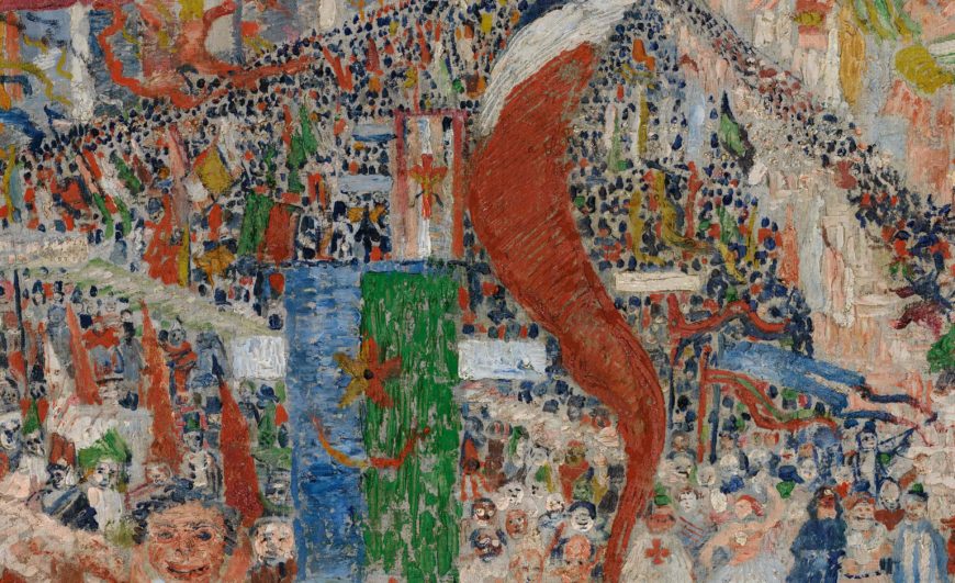 James Ensor, Christ’s Entry into Brussels in 1889, detail, 1888, oil on canvas, 99 1/2 x 169 1/2 inches (J. Paul Getty Museum, Los Angeles)