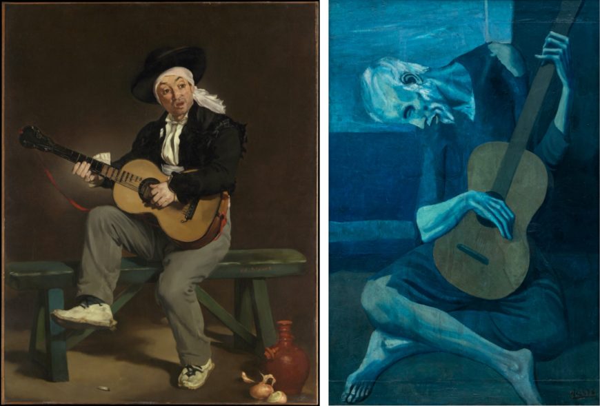Left: Edouard Manet, The Spanish Singer, 1860, oil on canvas, 58 x 45 cm (The Metropolitan Museum of Art); Right: Pablo Picasso, The Old Guitarist, 1903-04 oil on panel, 122.9 x 82.6 cm (Art Institute of Chicago)