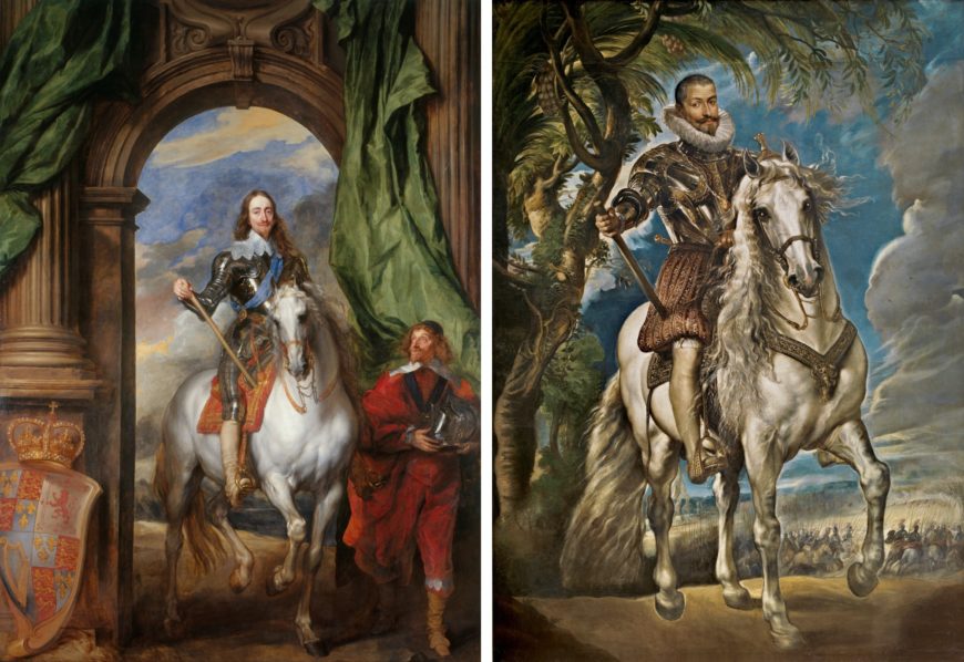 Left: Anthony van Dyck, <em>Charles I with M. de St Antoine</em>, 1633, oil on canvas, 370 x 270 cm (<a href="https://www.rct.uk/collection/405322/charles-i-1600-1649-with-m-de-st-antoine">Queen’s Gallery, Windsor Castle</a>); right: Peter Paul Rubens, <em>Equestrian Portrait of the Duke of Lerma</em>, 1603, oil on canvas, 290.5 x 207.5 cm (<a href="https://www.museodelprado.es/en/the-collection/art-work/equestrian-portrait-of-the-duke-of-lerma/323c6f0b-8a88-4241-9499-d4e389d0de64">Museo del Prado</a>)