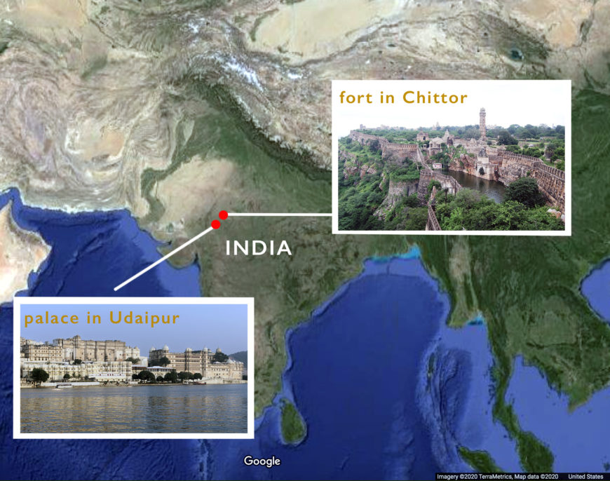 Map showing Mewar capitals of Chittor and Udaipur (photos: Ssjoshi111, CC BY-SA 3.0; Jakob Halun, CC BY-SA 4.0)