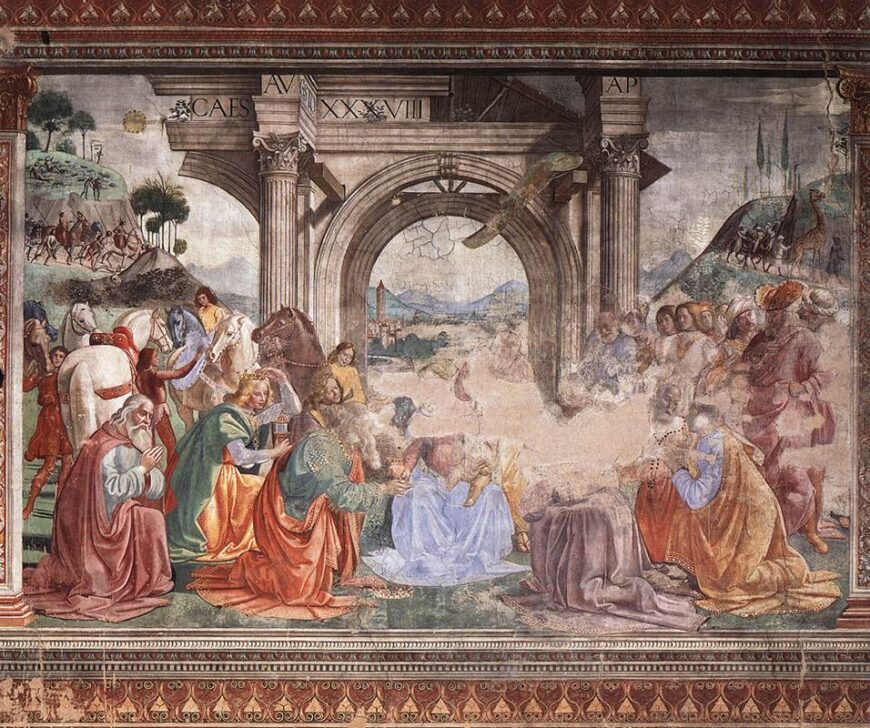 Domenico Ghirlandaio, Adoration of the Magi, 1486–90, fresco, 450 cm wide (Tornabuoni Chapel, Santa Maria Novella, Florence)