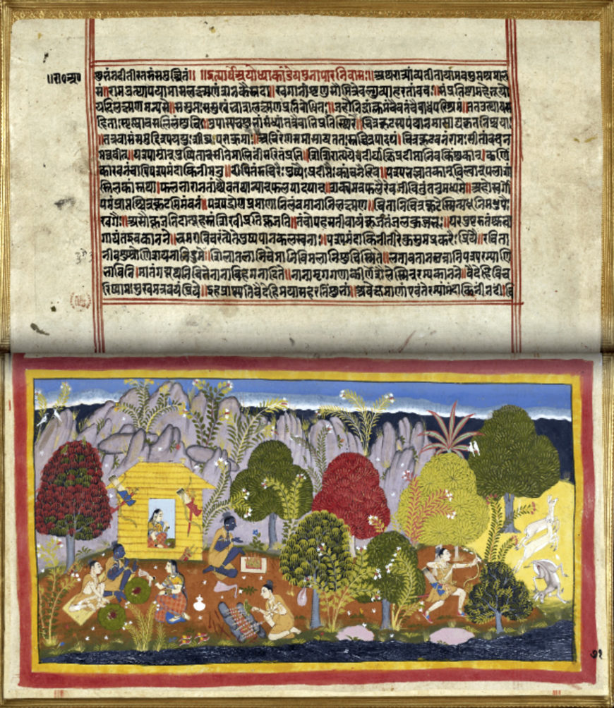 Sanskrit text and facing page showing Rama, Sita, and Laksmana living in exile, from the Ayodhya Kanda of the Ramayana, by Sahib Din, Udaipur, c. 1650-2, watercolor on paper, approximately 9 x 15.38 inches (British Library, Add. MS 15296(1) ff.70v and 71r).