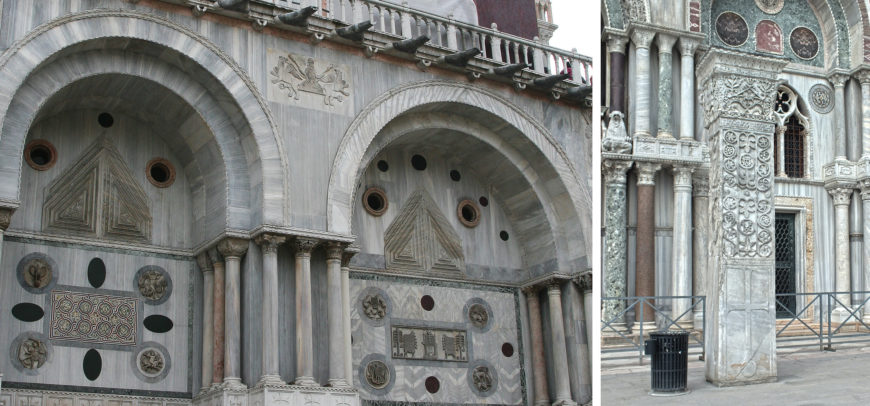 Left: Alexander the Great (top center) amidst spolia on the north wall of San Marco. Right: one of the Pilastri Acritani (piers from St. Polyeuktos in Constantinople) outside the Basilica of San Marco (photo: Pi István Tóth, CC BY-NC-SA 2.0)