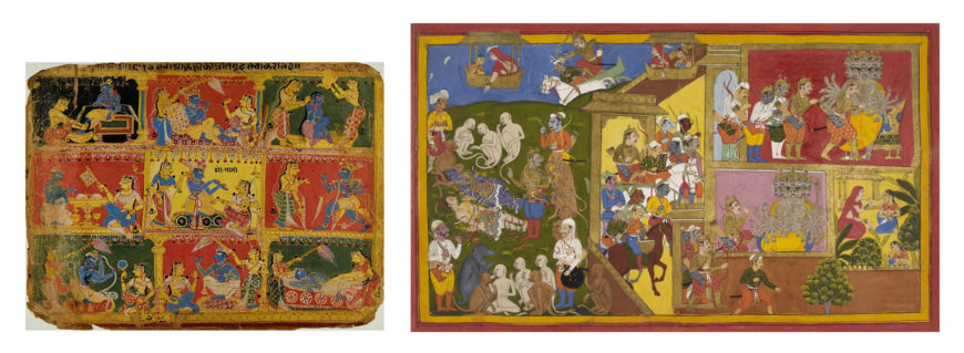 Left: “Krishna is Pampered by His Ladies,” Bhagavata Purana manuscript, c. 1520-40, North India (Delhi-Agra region), opaque watercolor and ink on paper, 6 7/8 x 9 3/16 inches (The Metropolitan Museum of Art); Right: “Indrajit meets with Ravana,” c. 1650-2. 