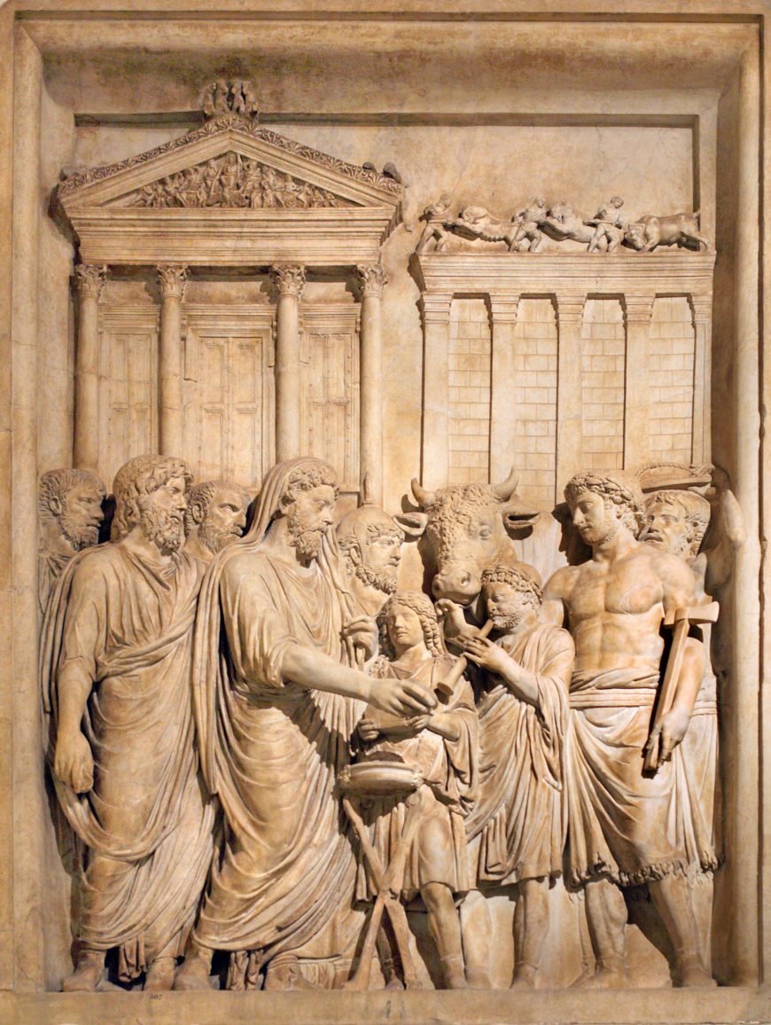 Relief with Marco Aurelius sacrificing to Jupiter (Pietas Augusti) with a temple in the background, from the decoration of a triumphal arch, 177-180 C.E. (Capitoline Museums, Rome) (photo: <a href="https://commons.wikimedia.org/wiki/File:Bas_relief_from_Arch_of_Marcus_Aurelius_showing_sacrifice.jpg" target="_blank" rel="noopener noreferrer">MatthiasKabel</a>, CC BY-SA 3.0)
