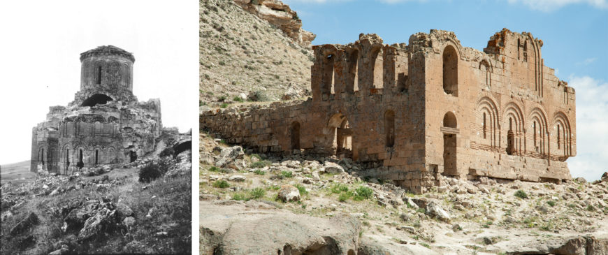 Çanlı Kilise in 1907 (left) and 2014 (right), first phase of construction probably early 11th century, near Akhisar, Turkey (left photo: Gertrude Bell; right photo: Evan Freeman, CC BY-NC-SA 4.0)