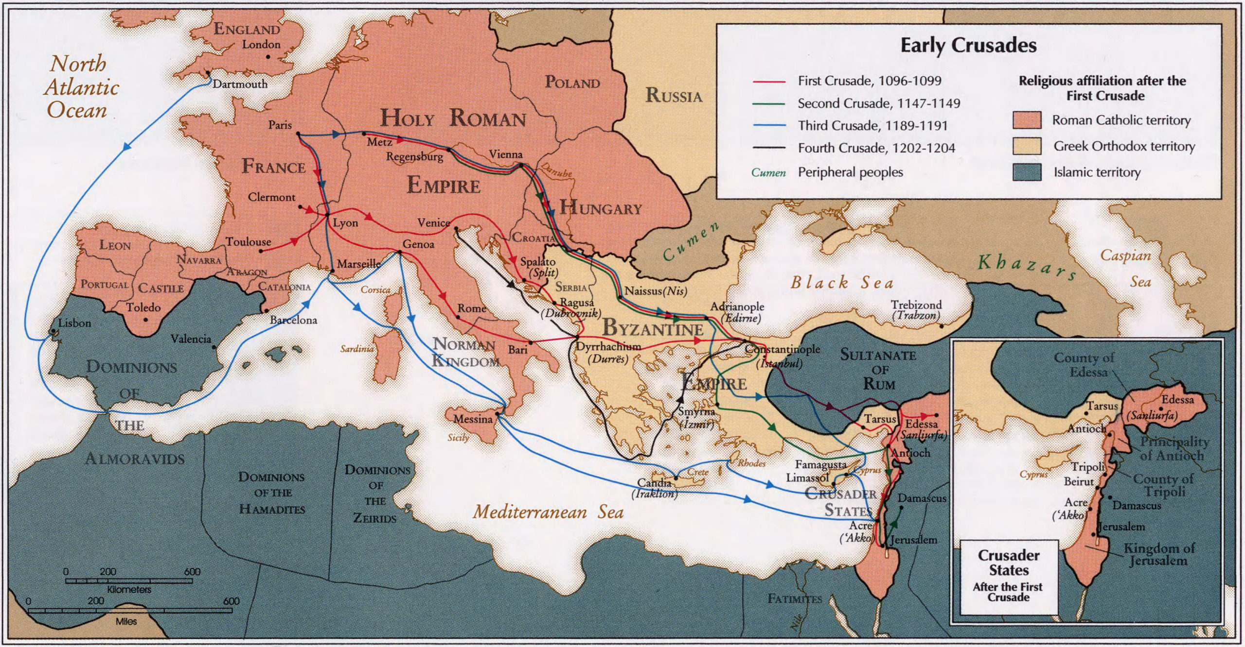 Map with the First through Fourth Crusades, from Atlas of the Middle East (Central Intelligence Agency, 1993)