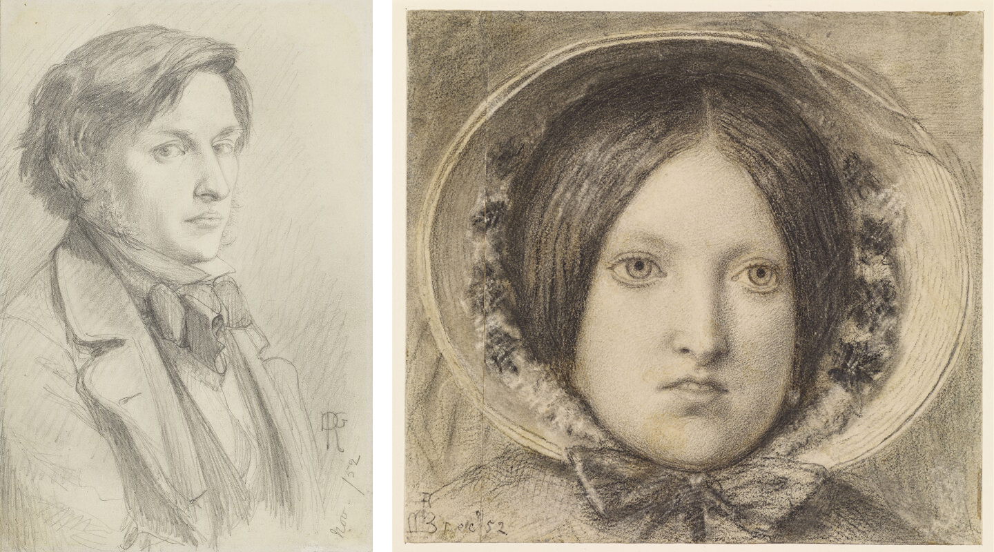 Left: Dante Gabriel Rossetti, Ford Madox Brown, 1852, pencil on wove paper, 17.1 x 11.4 cm (National Portrait Gallery, London); Right Ford Madox Brown, Emma Hill, 1852, chalk on paper, 17.7 x 16.1 cm (Birmingham Museum and Art Gallery, UK)