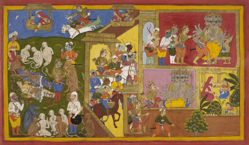 “Indrajit meets with Ravana, then binds Rama and Laksmana with magic serpents; Sita is told they are dead,” page from the Yuddha Kanda of the Ramayana, by Sahib Din, Udaipur, c. 1650-2, watercolor on paper, approximately 9 x 15.38 inches (British Library, Add. 15297(1), f.34 r)