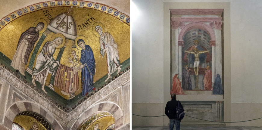 Left: "spatial icon" of the Presentation of Christ in the Temple at Hosios Loukas (photo: Evan Freeman, CC BY-SA 4.0); right: Masaccio's Holy Trinity fresco at Santa Maria Novella (photo: Steven Zucker, CC BY-NC-SA 2.0)