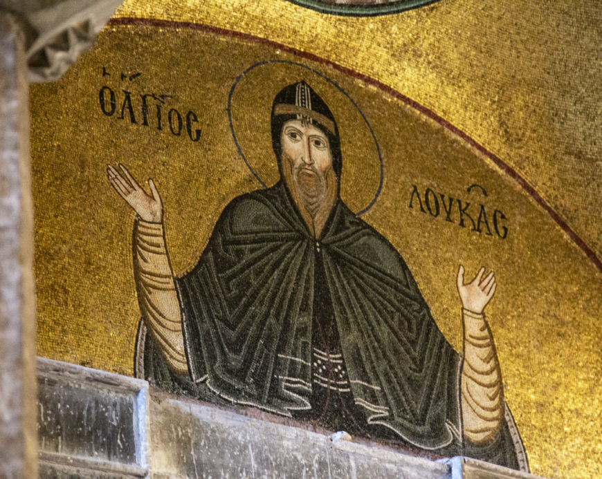 Hosios Loukas (St. Luke of Steiris) near his tomb, west wall of northern crossarm, katholikon, Hosios Loukas, 11th century, Boeotia (photo: Evan Freeman, CC BY-SA 4.0)