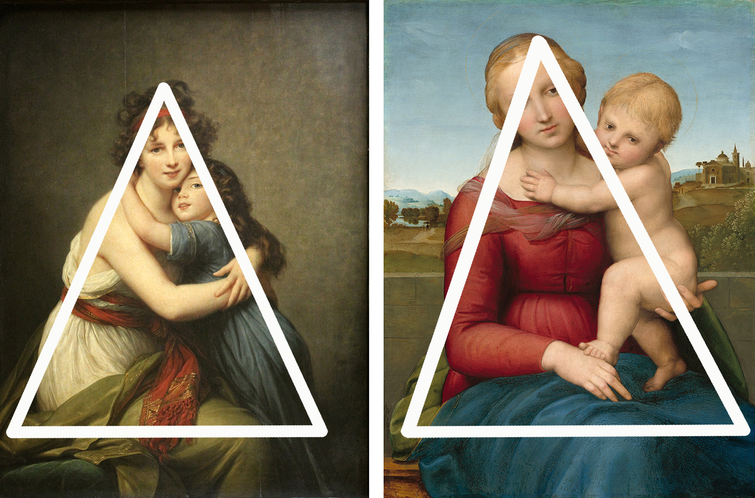 Comparison of the compositions of Elisabeth Vigée Le Brun’s Self-Portrait with Her Daughter Julie (á l’Antique), left and Raphael’s Small Cowper Madonna, right