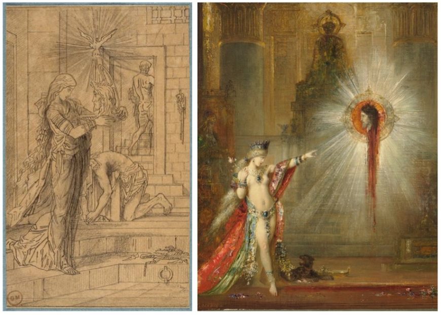Left: Moreau, Salome with the Head of St. John the Baptist, drawing, Musée Gustave Moreau, object no. 2003. Right: Detail of Moreau, Apparition, 1876-77, oil on canvas, Harvard Art Museum/ Fogg Museum