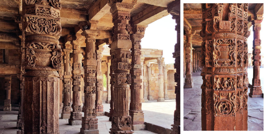 View of pillars in the colonnaded walkway (left) and pillar detail with faces obscured (right), Qutb archaeological complex, Delhi (photos: Johan Ekedum, CC BY-SA 4.0; Ronakshah1990, CC BY-SA 4.0)