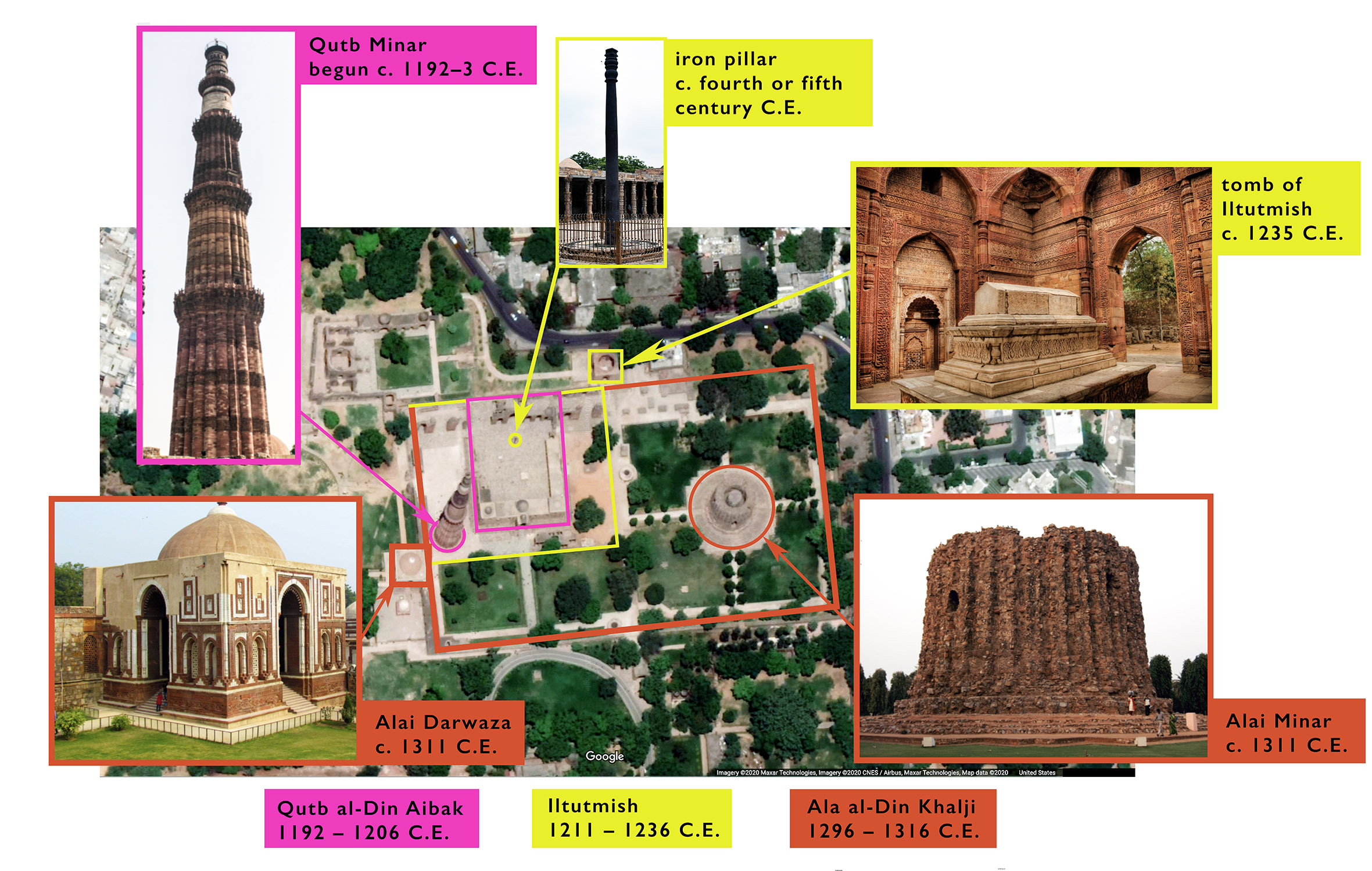 Plan of the Qutb complex showing the phases of construction of select monuments (photos: clockwise from top, Indrajit Das, CC BY-SA 4.0; Bikashrd, CC BY-SA 4.0; Kavaiyan, CC BY-SA 2.0; Alimallick, CC BY-SA 3.0)