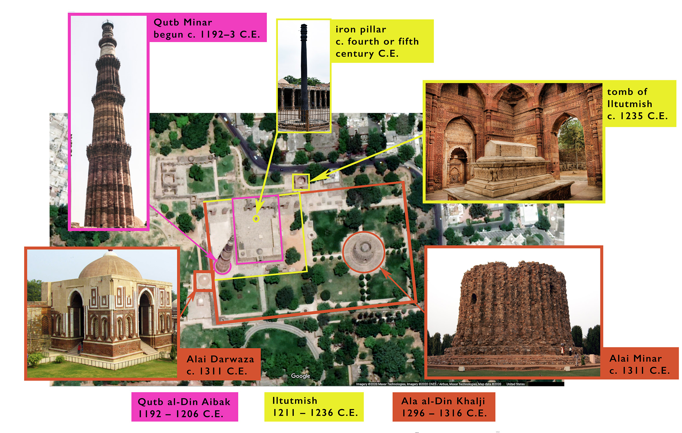 Plano del complejo Qutb que muestra las fases de construcción de monumentos selectos (fotos: en sentido horario desde arriba, Indrajit Das, CC BY-SA 4.0; Bikashrd, CC BY-SA 4.0; Kavaiyan, CC BY-SA 2.0; Alimallick, CC BY-SA 3.0)