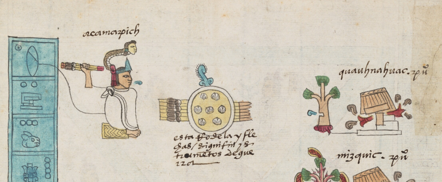 Detail of the ruler Acamapichtli (left), and Cuauhnahuac (right), Codex Mendoza, Viceroyalty of New Spain, c. 1541–1542, pigment on paper © Bodleian Libraries, University of Oxford (fol. 2v)