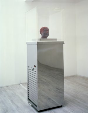 Marc Quinn, Self, 1991, blood (artist's), stainless steel, Perspex and refrigeration equipment, 208 x 63 x 63 cm (originally collection of Charles Saatchi, now collection of Steve Cohen, New York)