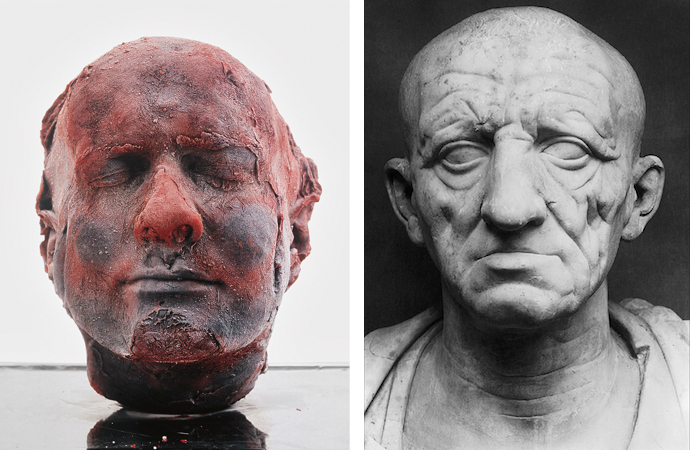 Left: Marc Quinn, Self, 1991, blood (artist's), stainless steel, Perspex and refrigeration equipment, 208 x 63 x 63 cm (originally collection of Charles Saatchi, now collection of Steve Cohen, New York); Right: Head of a Roman Patrician from Otricoli, c. 75-50 BCE, marble (Palazzo Torlonia, Rome)