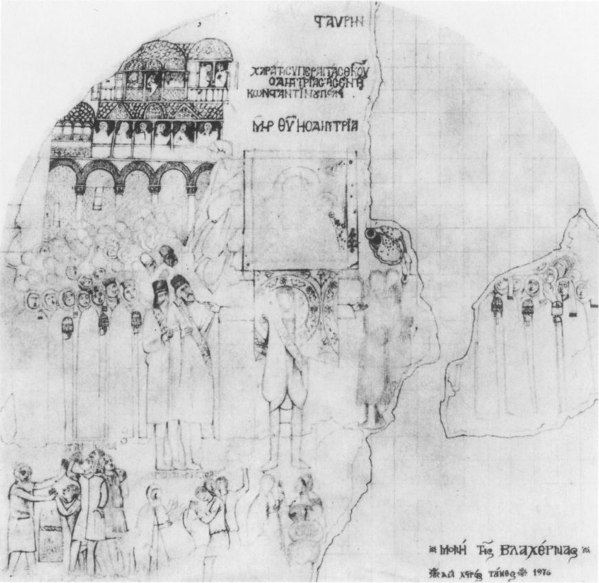Myrtali Acheimastou-Potamianou, drawing of fresco with procession with the Hodegetria, Vlacherna church near Arta, 1282-84