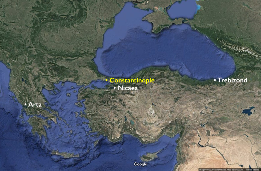 Constantinople and the capitals of the Byzantine successor states following the Fourth Crusade (map © Google)