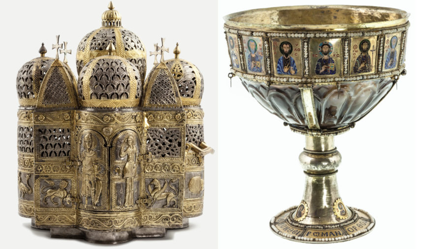 Left: incense burner, 12th century, partially gilded silver, 36 x 30 cm. Right: chalice of emperor Romanos I or II, 10th century, sardonyx, silver gilt, gold cloisonné enamel, and pearls, 22.5 x 14 cm. (Treasury of San Marco, Venice) (photos: © Regione del Veneto)