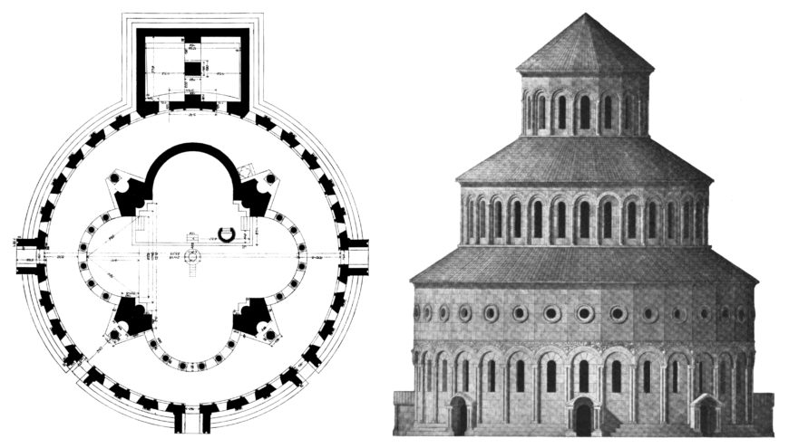 Church of the Vigilant Powers (Zvart‘nots‘), Vagarshapat, plan and possible reconstructed elevations, from Josef Strzygowski, Die Baukunst der Armenier und Europa, vol. 1 (Vienna: A. Schroll & Co., 1918), figs. 112 and 119.