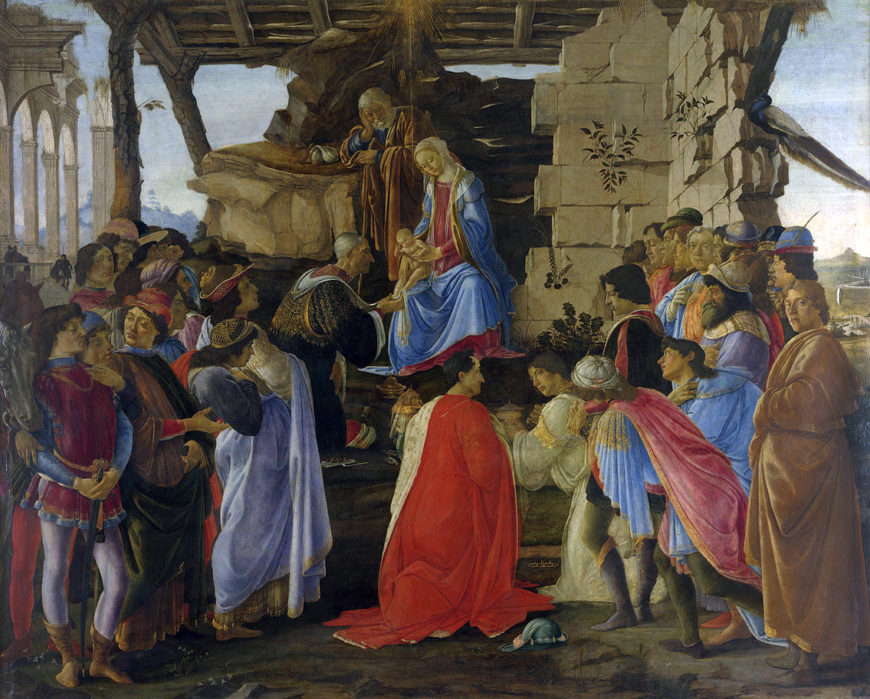 Sandro Botticelli, <em>Adoration of the Magi</em>, c. 1475–76, tempera on panel, 111 x 134 cm (<a href="https://www.virtualuffizi.com/the-adoration-of-the-magi-by-botticelli%3A-an-artwork-full-of-innovation.html" target="_blank" rel="noopener noreferrer">Gallerie degli Uffizi, Florence</a>). A self-portrait of Botticelli appears on the far-right side; he is the man looking out at viewers and dressed in golden robes.