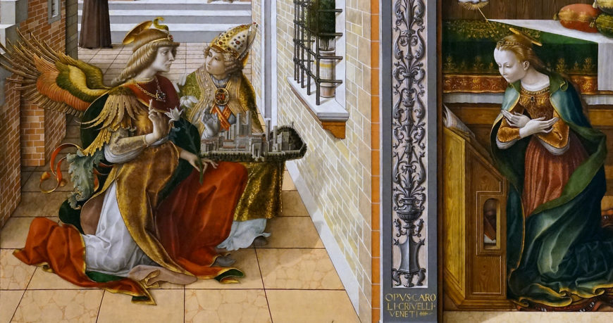 Carlo Crivelli, detail of The Annunciation with Saint Emidius, 1486, egg and oil on canvas, 207 x 146.7 cm (The National Gallery, London)
