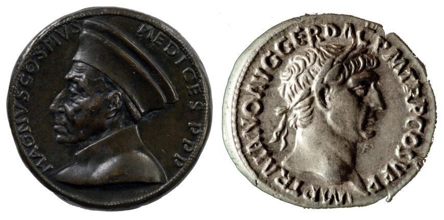 Left: Cosimo de' Medici, c. 1480–1500, bronze medal, made in Florence (© Victoria and Albert Museum, London); right: Trajan Denarius, Roman Dacia, 107 C.E. (Roman Numismatics Collection; photo: courtesy of James Grout/Encyclopedia Romana)
