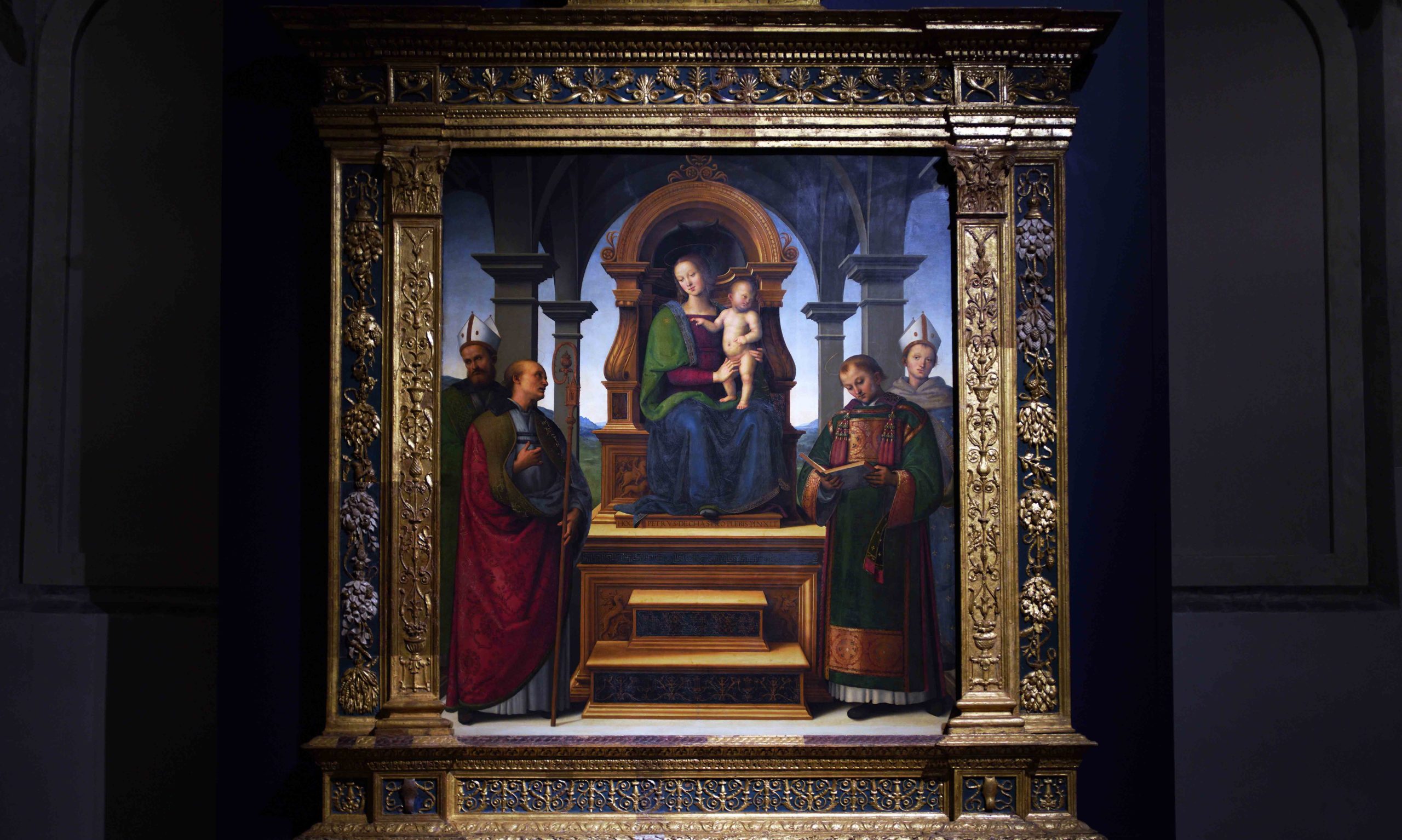 Perugino, Madonna and Child with Sts Laurence, Louis of Toulouse, Ercolanus and Constance (Decemviri Altarpiece), 1495–96, tempera on wood, 193 x 165 cm (Vatican Museums)