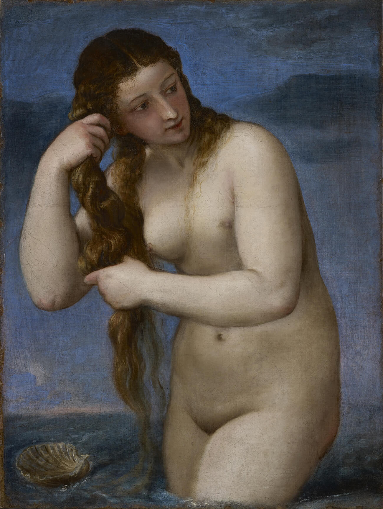 Titian, Venus Rising from the Sea (Venus Anadyomene), c. 1520, oil on canvas, 29 13/16 × 22 11/16 inches (National Galleries of Scotland, Edinburgh)