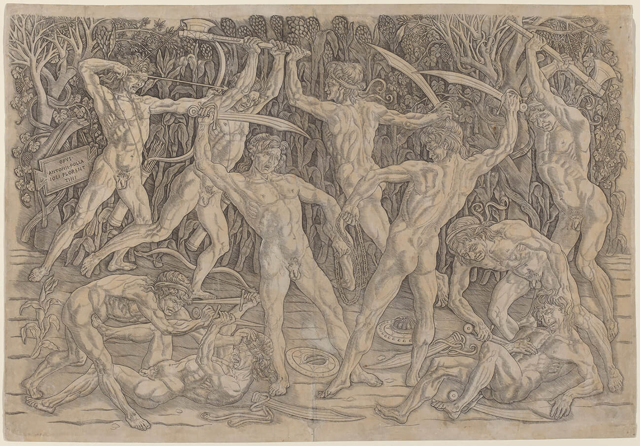 Antonio Pollaiuolo, Battle of the Nudes, 1470–75, engraving, 16 7/8 × 24 5/16 inches (National Gallery of Art, Washington, DC)