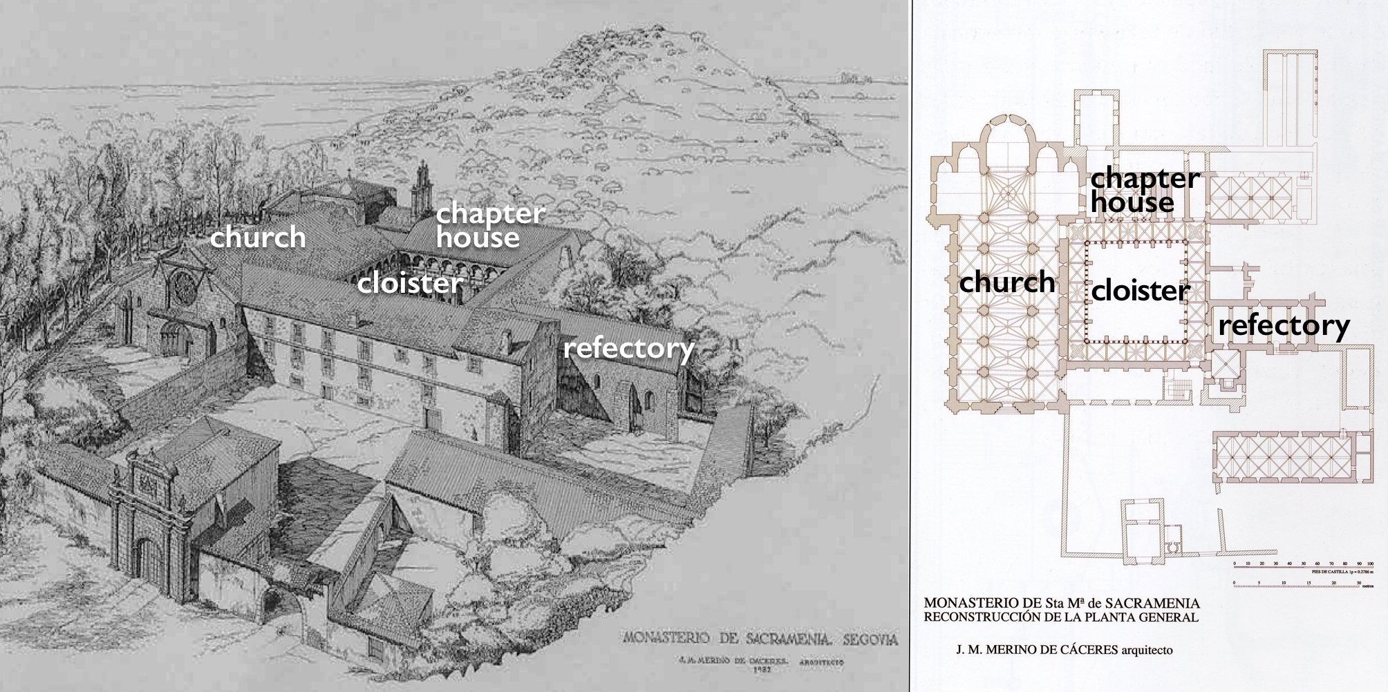 Perspective and plan of the monastery before the plunder (according to Joseé Miguel Merino de Cáceres, architect, from 1982)