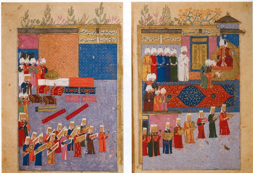 Nakkaş Osman, Presnetation of Gifts by the Safavid Ambassador, Shahquili, to Sultan Selim II at Edirne in 1568. From Seyyid Lokman, Sehname-i Selim Han. Istanbul, Topkapi Palace Library A3595, fol. 53b-54a (Topkapi Palace Museum Library)