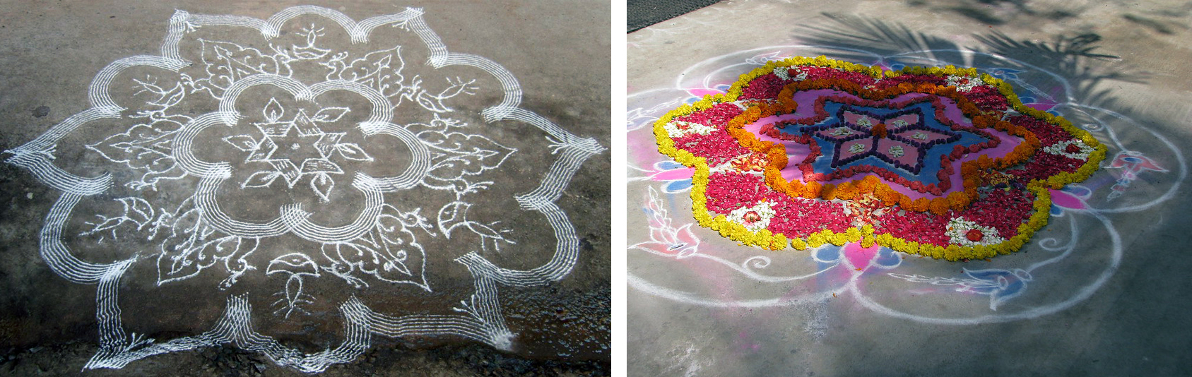 Left: Rangoli in chalk (photo: ramya_aiyappan, CC BY-NC 2.0) Right: Rangoli in chalk and flowers (photo: McKay Savage, CC BY 2.0)