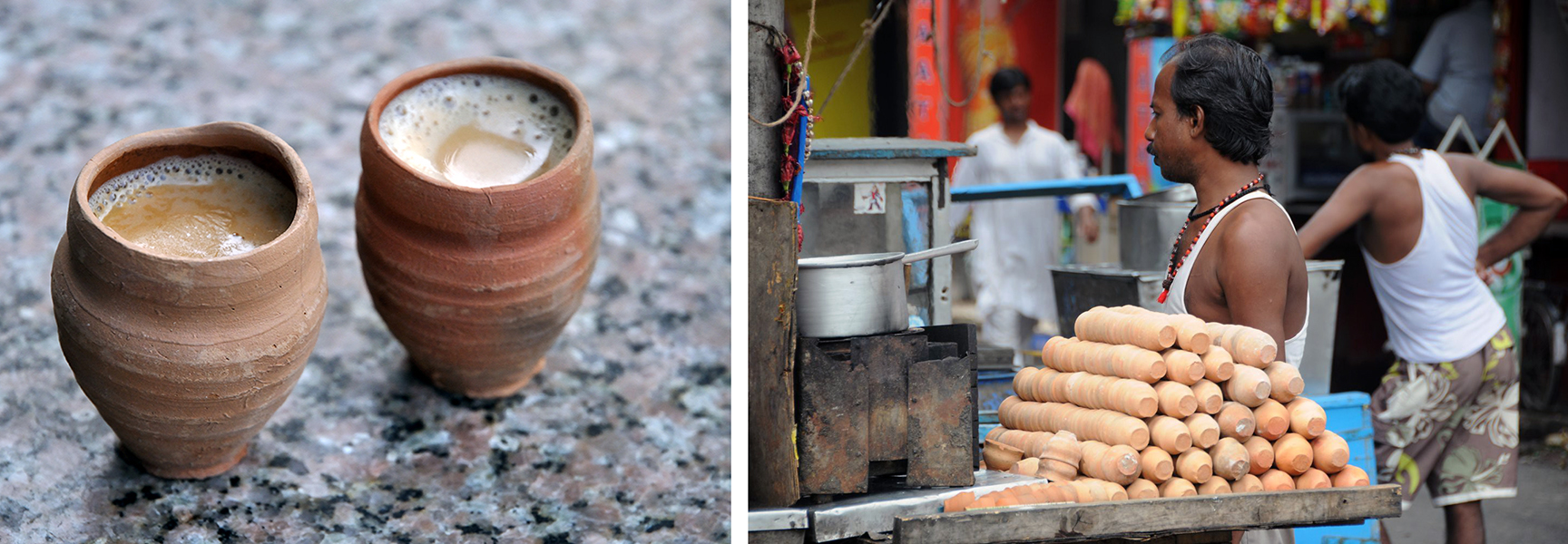 Left: Masala chai in terracotta cups (photo: Biswarup Ganguly, CC BY 3.0); Right: Chai vendor, Kolkata (photo: Nomad Tales, CC BY-SA 2.0)