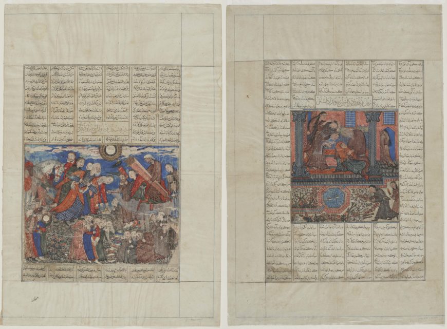 Caption: These two paintings were originally on different sides of the same folio. To maximize his profits, Demotte pulled the folio apart and in doing so damaged the pages. The page on the left, much abraded but intact, is now pasted to a back side with unrelated text about Kay Khusraw’s war. The painting shown on the right has no original text around it and is now pasted onto a folio with irrelevant text about Siyavush. Left: “Faridun mourns the coffin of his son Iraj,” from the Great Mongol Shahnama, c. 1330–40 (Il-Khanid dynasty, Tabriz, Iran), ink, opaque watercolor, and gold on paper, 59.5 x 40 cm (Sackler Gallery of Art S1986.101); right: “Faridun goes to Iraj’s palace and mourns,” from the Great Mongol Shahnama, c. 1330–40 (Il- Khanid dynasty, Tabriz, Iran), ink, opaque watercolor and gold on paper, 59.3 x 40.1 cm (Sackler Gallery of Art S1986.100).