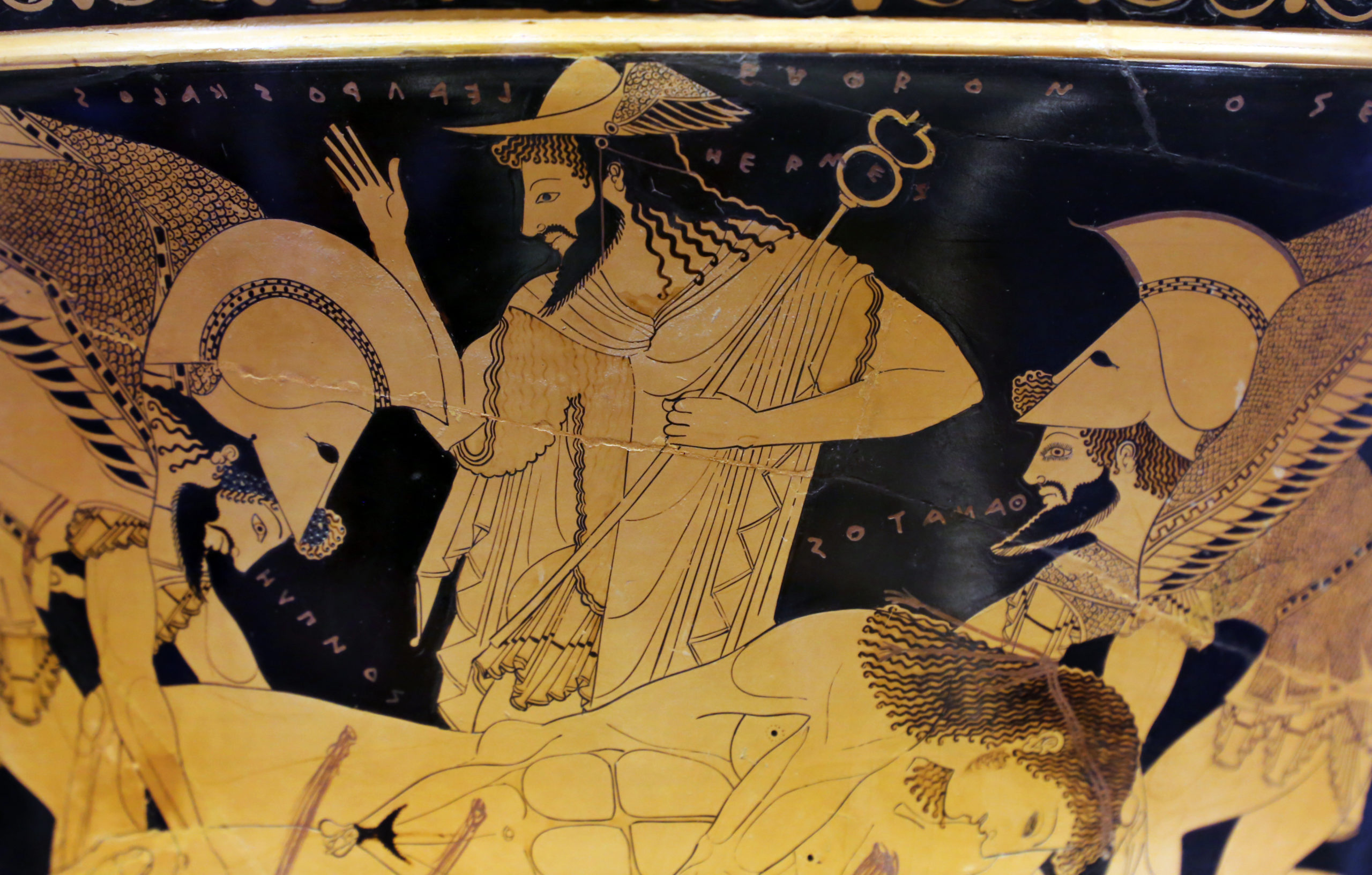 Euphronios, Sarpedon Krater, (signed by Euxitheos as potter and Euphronios as painter), detail showing Hermes, c. 515 B.C.E., red-figure terracotta, 55.1 cm diameter (National Museum Cerite, Cerveteri, Italy, photo: Sailko,, CC BY 3.0)