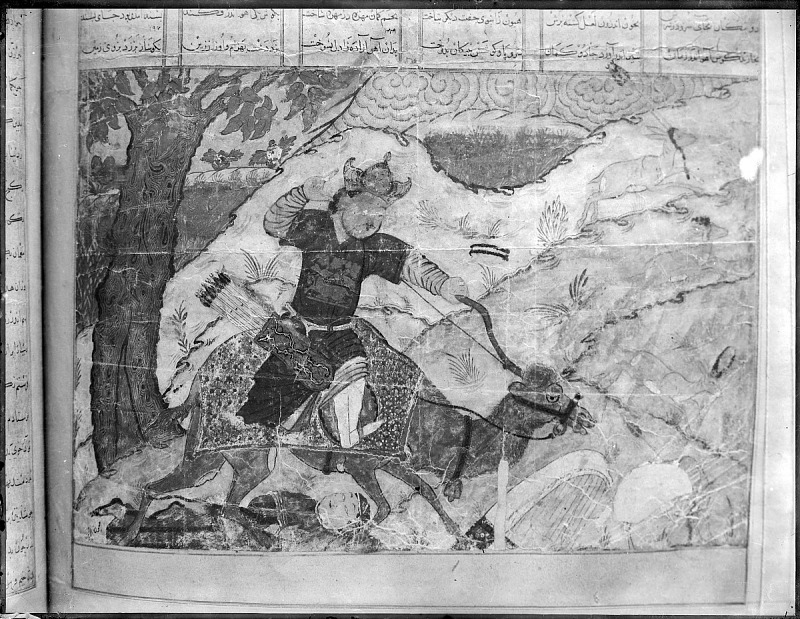 Photograph taken by Antoin Sevruguin in Tehran showing the illustration of “Bahram Gur Hunting with Azada” from the Great Mongol Shahnama in a bound manuscript (Freer Gallery of Art, FSA.A.04, Item FSA A.4 2.12.GN.40.07)