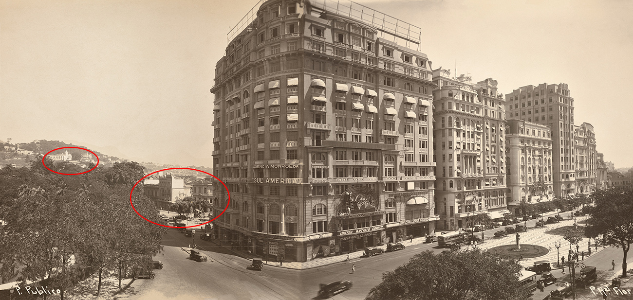 Older, smaller buildings (visible in the circled areas) co-exist with newer multi-story buildings in Street View of the Floriano Promenade in Rio de Janeiro, 1928, Augusto Cesar de Malta Campos (Brazilian, 1864–1957). Gelatin silver print, 7 x 9 ¼ in. The Getty Research Institute, 92.R.14
