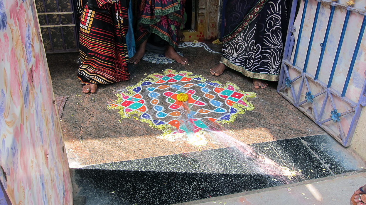 Alpana patterns created for the festival of Sankranti. Tirupathi, Andhra Pradesh, India, 2020 (photo: Dr. Cristin McKnight Sethi, CC BY-NC-SA 2.0)