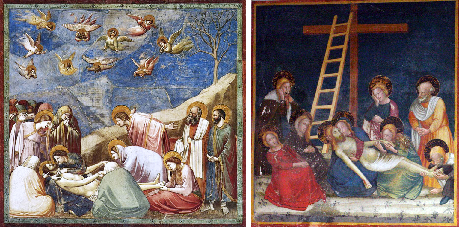 Left: Giotto, Pietà, fresco, Scrovegni Chapel, Padua, Italy, c. 1305; Right: Ferrer Bassa, Pietà, fresco, Chapel of Saint Michael, Santa María of Pedralbes, Barcelona, Catalonia, Spain, 1343/1346-1348