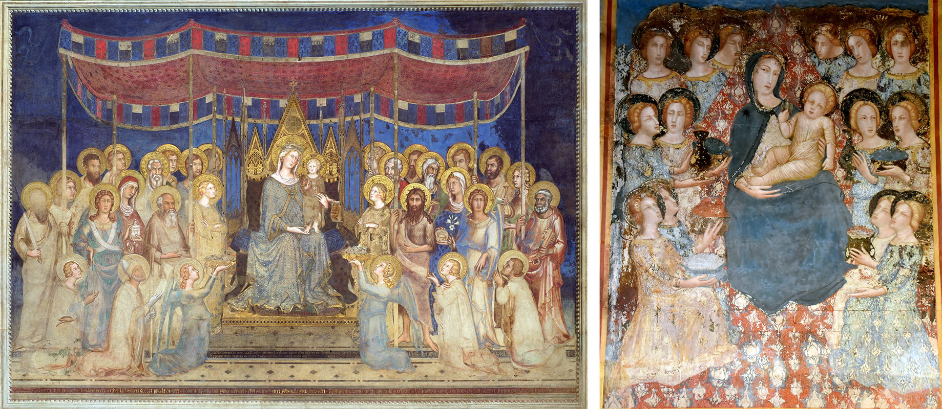 Left: Simone Martini, Maestà, fresco, Palazzo Pubblico, Siena, Italy, 1315 - 1321; Right: Ferrer Bassa, Maestà, fresco, Chapel of Saint Michael, Santa María of Pedralbes, Barcelona, Catalonia, Spain, 1343/1346-1348