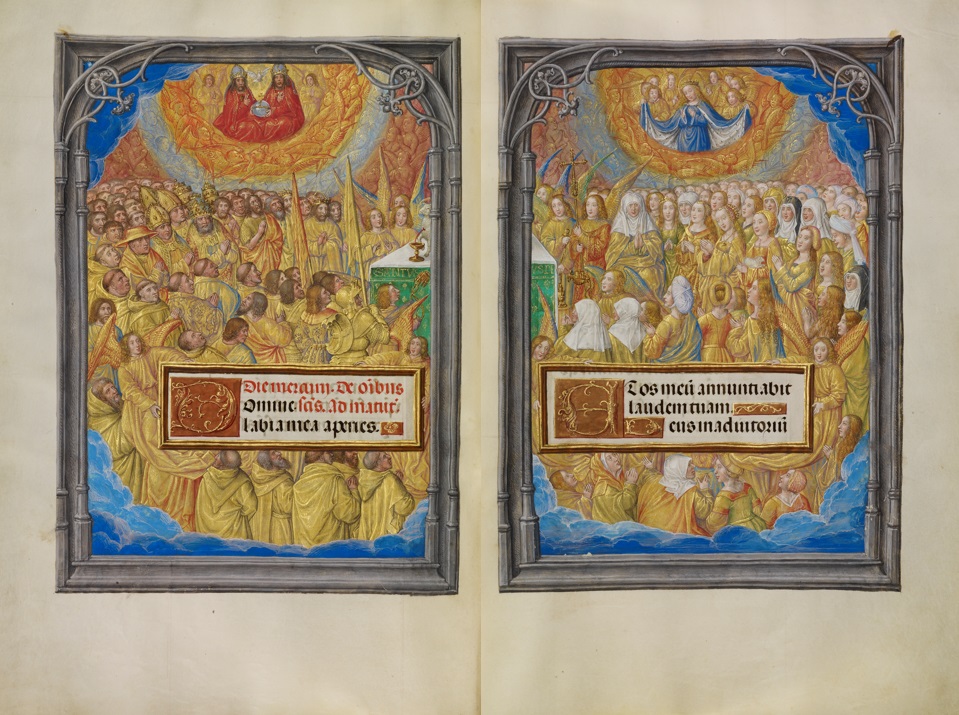 Male Martyrs and Saints Worshiping the Lamb of God; Female Martyrs and Saints Worshiping the Lamb of God in the Spinola Hours, about 1510–20, Master of the James IV of Scotland. The J. Paul Getty Museum, Ms. Ludwig IX 18, fols. 39v–40