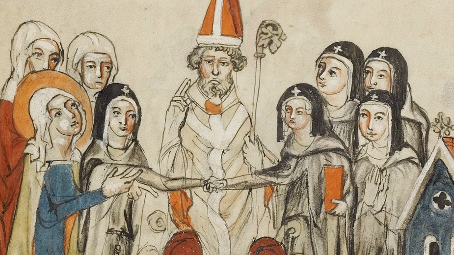Saint Hedwig Presenting Her Daughter, Gertrude, to the Convent of Trebnitz from The Life of the Blessed Hedwig, 1353. The J. Paul Getty Museum, Ms. Ludwig XI 7, fol. 18v