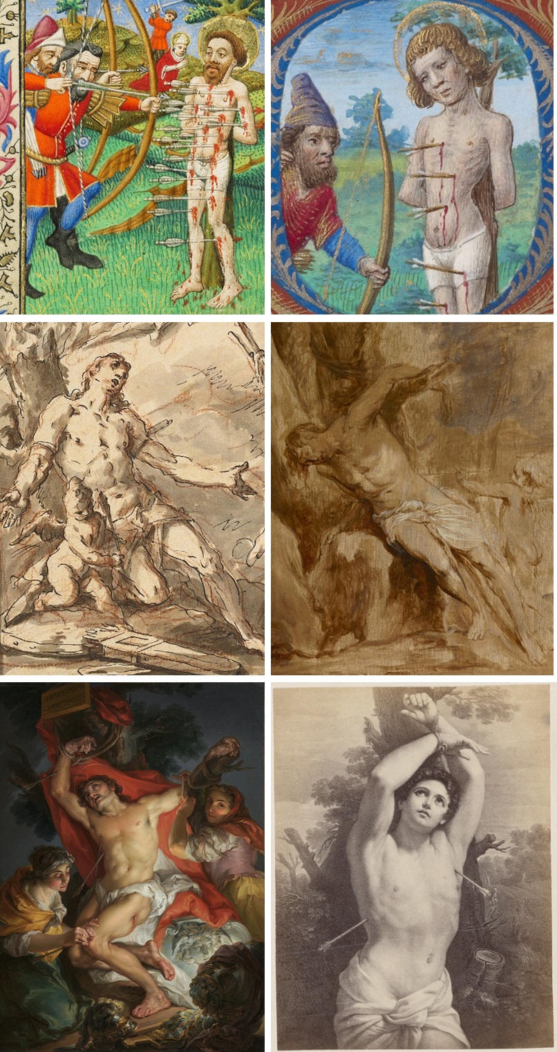 Images of Saint Sebastian in the Getty Museum collection: Master of Sir John Fastolf, about 1430–40 (Ms. 5, fol. 36v); Georges Trubert, about 1480–90 (Ms. 48, fol. 173v); Gaspare Diziani, about 1718 (2004.83); Anthony van Dyck, about 1630–32 (85.PB.31); Vicente López y Portaña, 1795–1800 (2000.47); Unknown British photographer after Gudio Reni, about 1865–85 (84.XP.1411.62).